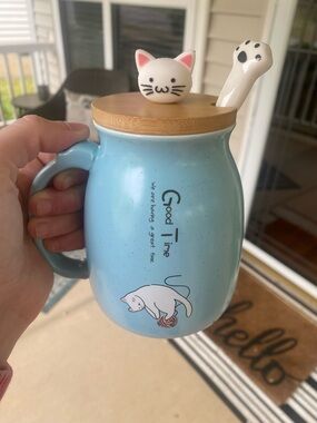 Cute Cat Ceramic Coffee Mug with Bamboo Lid & Spoon - Light Blue